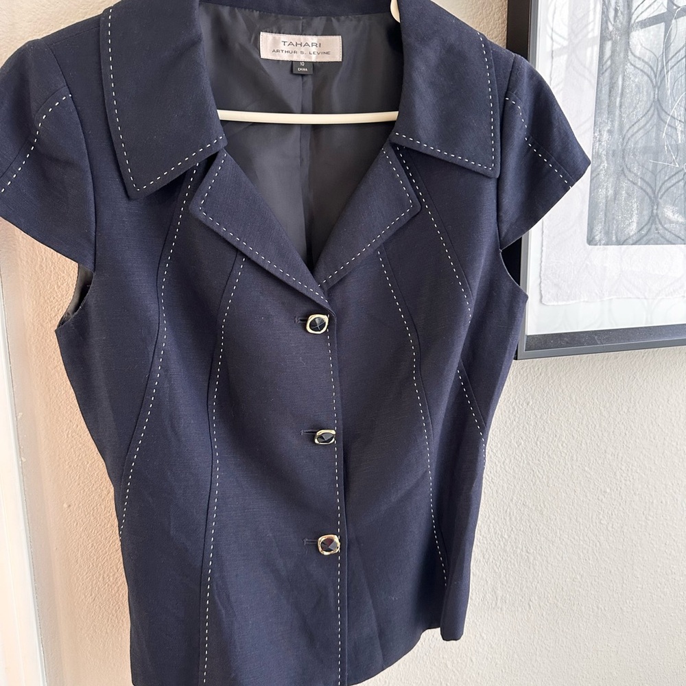 Tahari Navy Button-Up Blouse